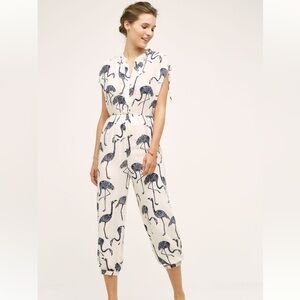 Anthropologie Ivory Jumpsuit with Navy Flamingo Print